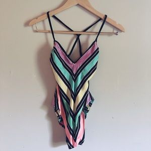 Striped one-piece swimsuit.
